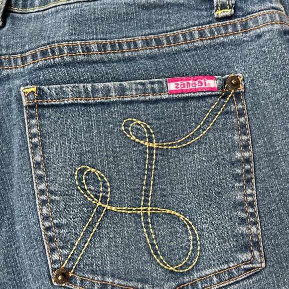 Y2K Flare Jeans Low Rise Dark Wash Yellow Stitch Hot Pink Blue Unique Grunge 29 - Picture 4 of 10